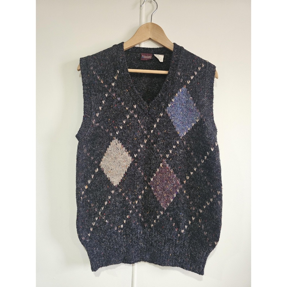 Vintage Bachrach Sweater Vest Mens Medium Gray Argyle Knit Wool Pullover 80s